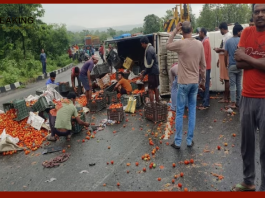 Jharkhand News! When the pick-up van laden with tomatoes overturned, there was loot on the road, the driver and the helper kept stopping